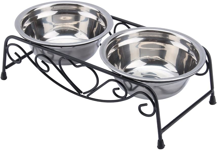 Stainless Steel Elevated Pet Bowls Set,Raised Pet Bowls Double Dog Cat Food Water Bowls Feeder Dishes with Shelf Iron Stand