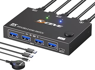 Displayport KVM Switch 1 Monitors 2 Computers 8K@30Hz 4K@144Hz, USB3.0 DP KVM Switches for 2 Computers Sharing Single Monitor and Keyboard Mouse Printer,Wired Remote and 2 USB Cables Included