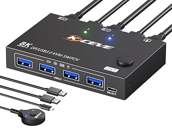 MLEEDA Displayport KVM Switch 1 Monitors 2 Computers 8K@30Hz 4K@144Hz, USB3.0 DP KVM Switches for 2 Computers Sharing Single Monitor and Keyboard Mouse Printer,Wired Remote and 2 USB Cables Included