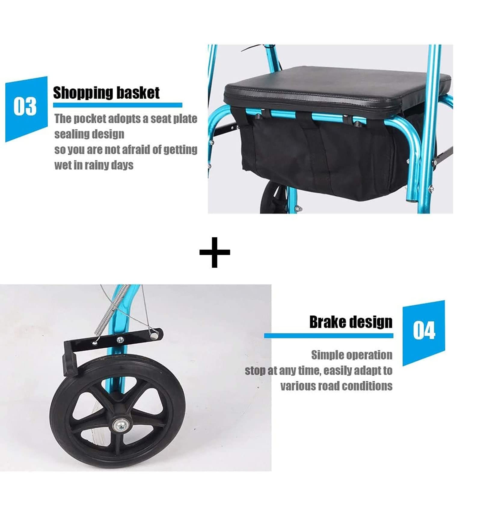Chodzik, rolki 4 koła z siedziskiem i koszem Medyczny aluminiowy rolator Składane i zdejmowane oparcie Wyściełane siedzisko Rolling Walker dla seniorów na zewnątrz (Color : B)
