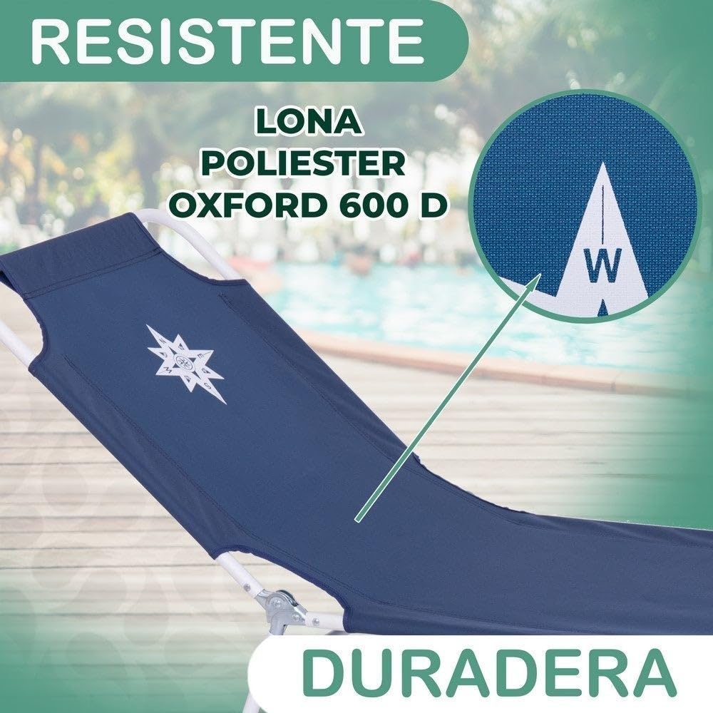 LOLAhome Tumbona Playa y jardín reclinable 5 Posiciones Convertible en Cama, Plegable, Estructura Acero Pintura Epoxi anticorrosión, Tejido loneta Oxford 600 D poliéster Azul Marino de 186 cm