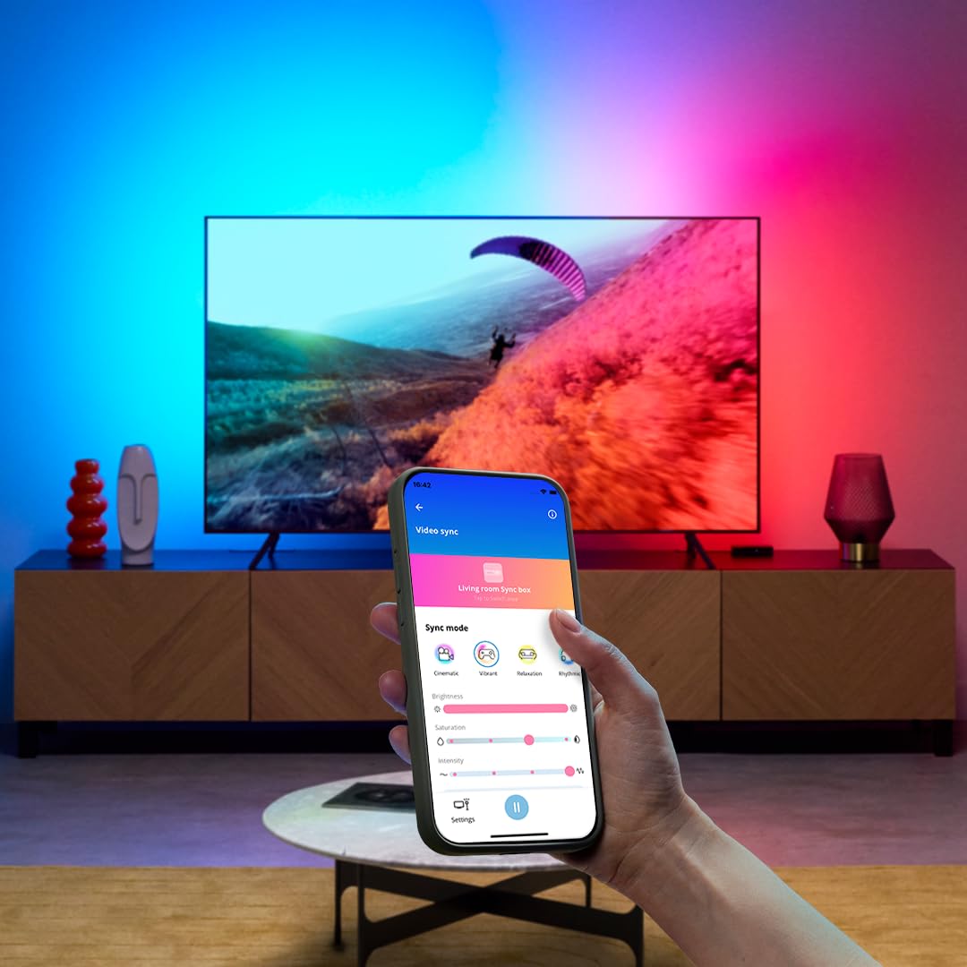 WiZ HDMI Sync Box con retroiluminación de TV - Sincroniza la luz con tus películas, juegos y música - HDMI 2.0 - Soporta 4K a 60Hz - Tira LED RGBIC para televisores de 55 a 65 pulgadas