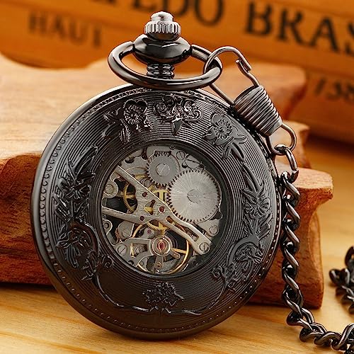 Image of Men's Black Arabic Numerals Mechanical Pocket Watch with Chain,Mechanical Pocket Watches for Men