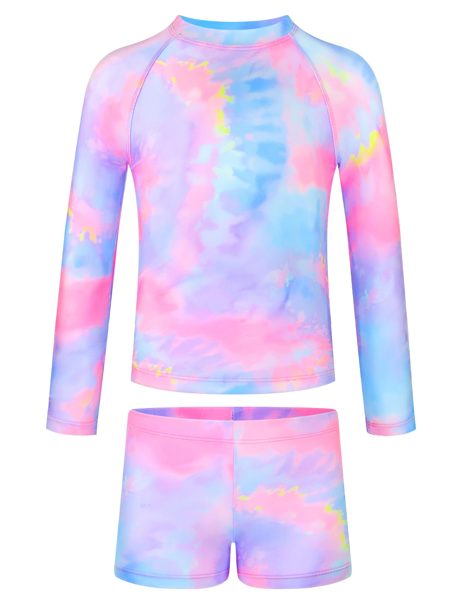 TENVDA Girls Rash Guard Swimsuit Long Sleeve Bathing Suits with Shorts for 3-12 Years Old Kids