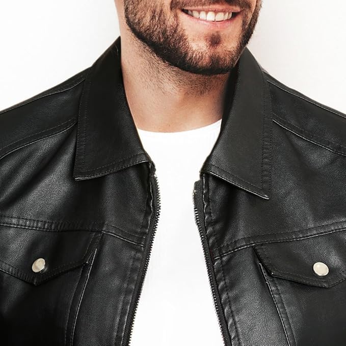 Image of Leather Jacket For Men Black Flap Pockets Designer