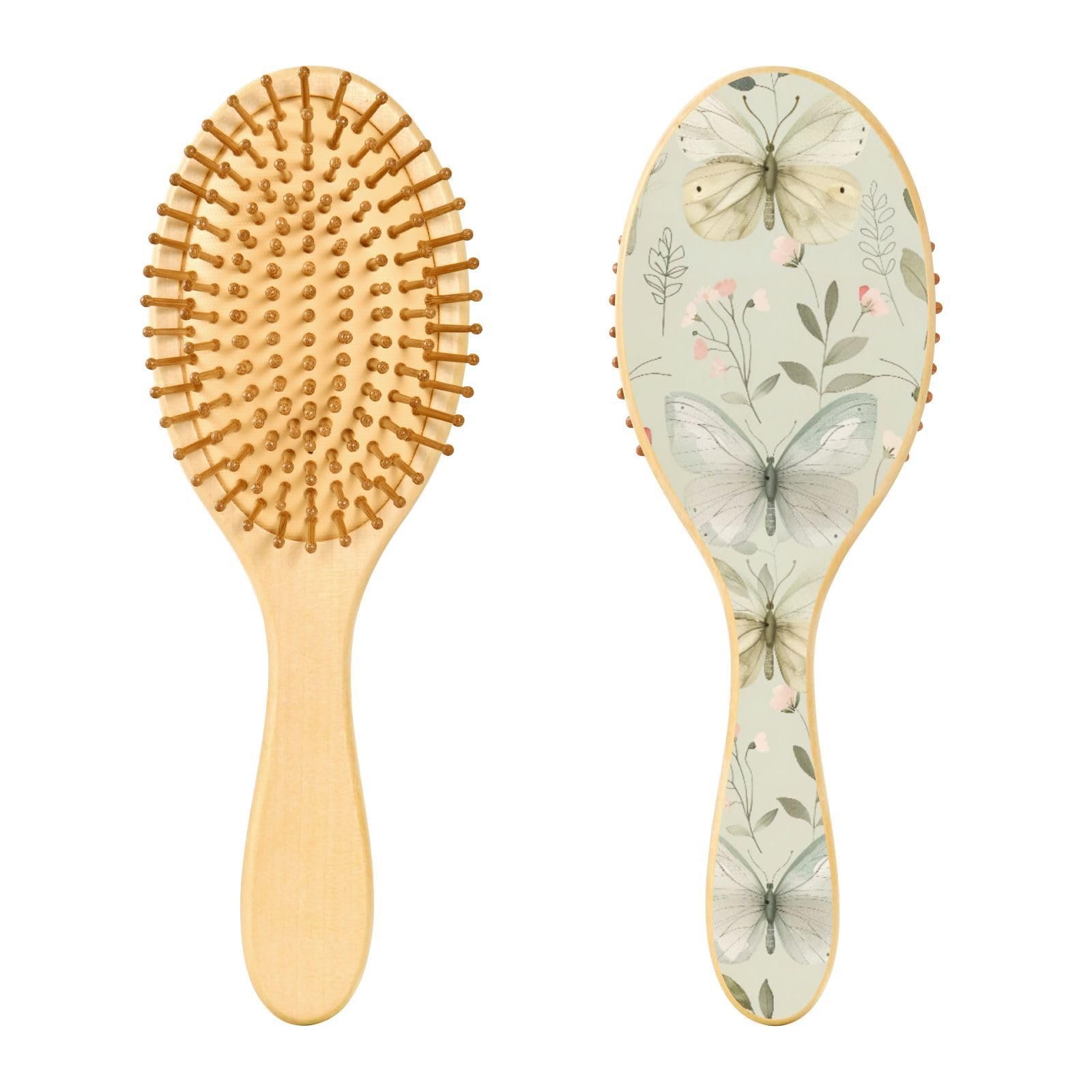 Zhirexin Vintage Butterfly Flower Natural Wooden Rubber Hair Brush (Men Women Kids)Gentle Massage with Ergonomic Handle for Thick Curly Thin Long