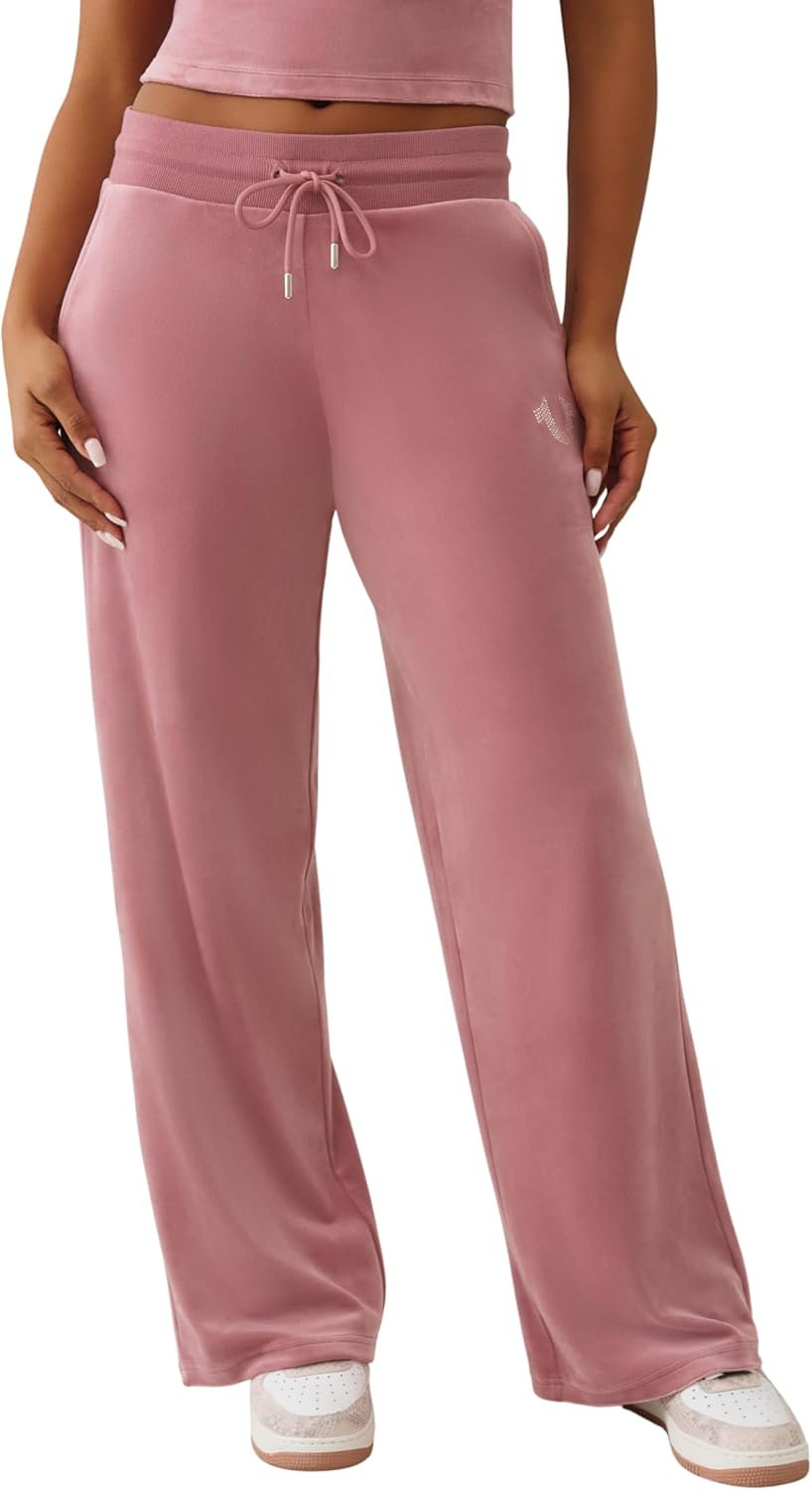 True Religion Women's Velour Sweatpants Straight Leg Track Pants with Crystal Horseshoe Logo