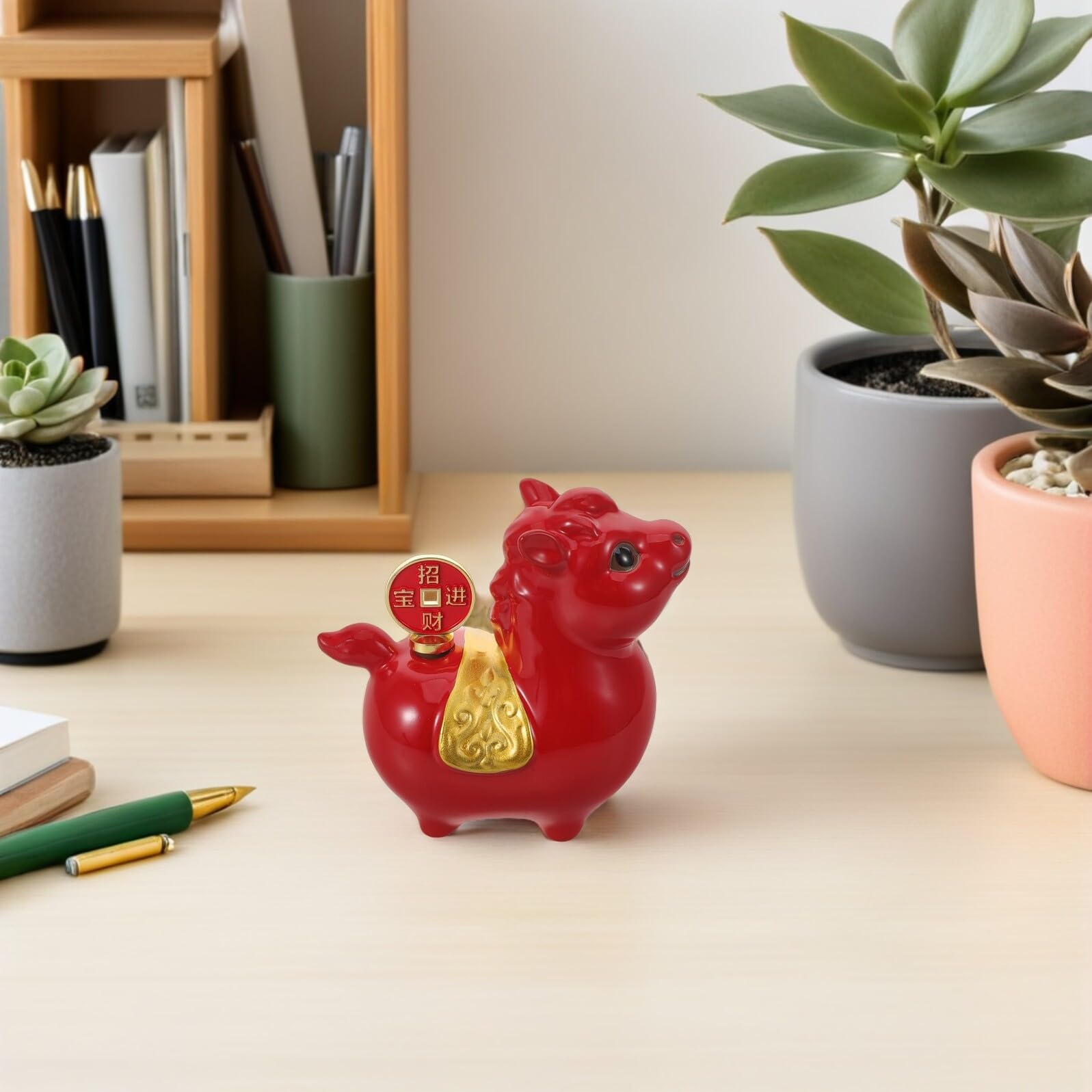 DOITOOL Keramik Pferdefigur 2026 Jahr des Pferdes Rot Feng Shui Dekoration Miniatur Glücksbringer für Chinesisches Neujahr Zuhause Auto