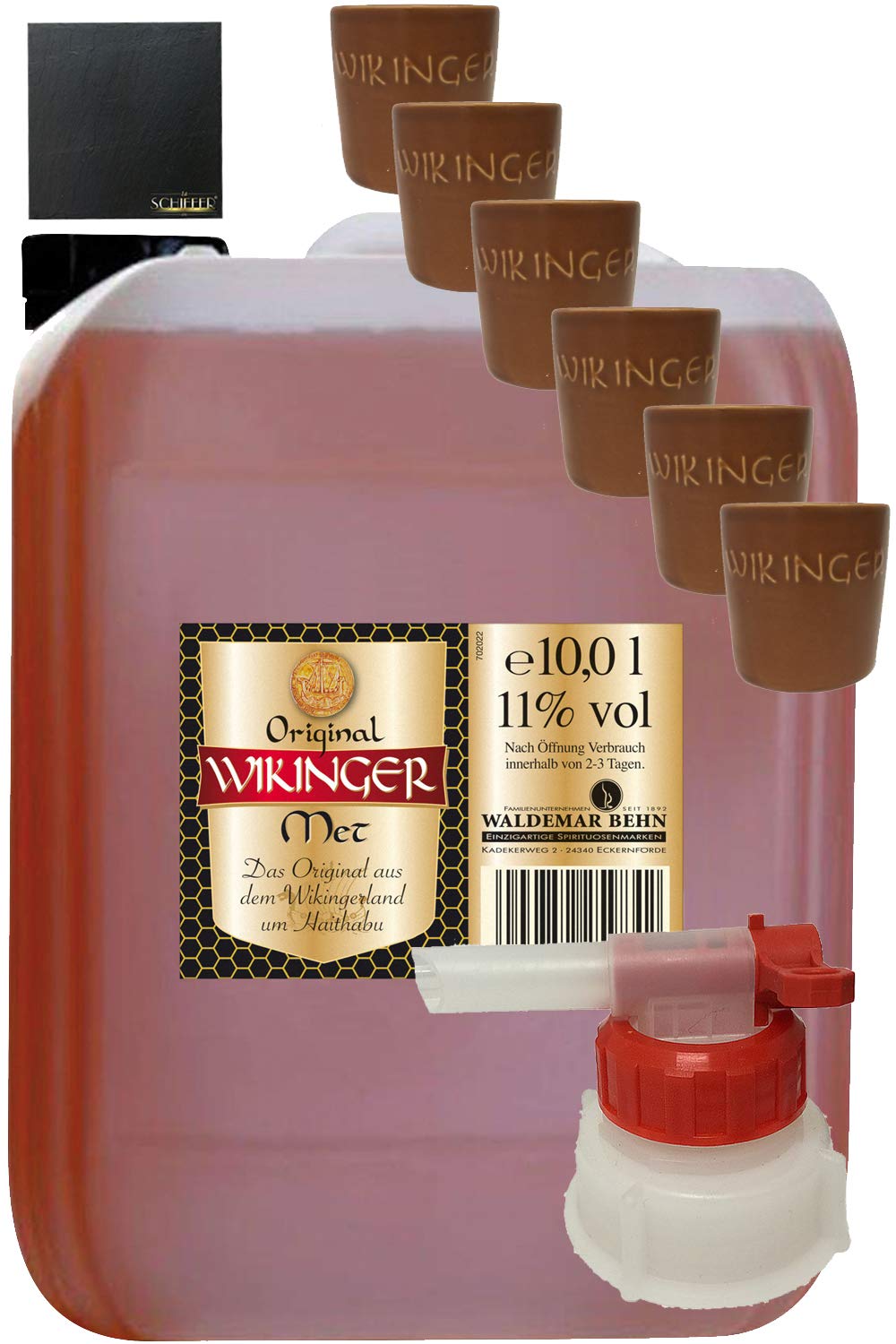Wikinger Met 10 Liter Kanister + Tonbecher Groß 6er Set + Ausgießer