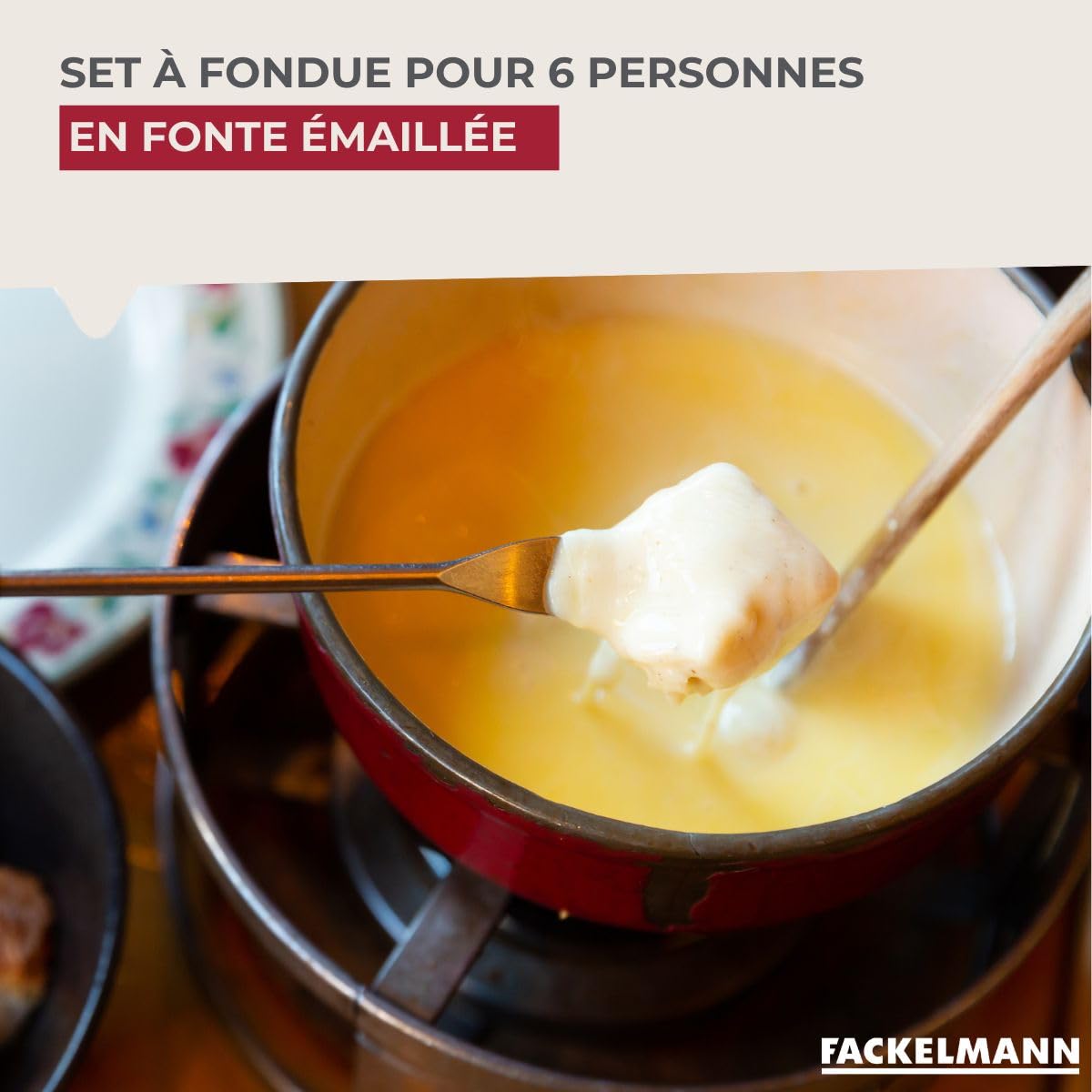 Fackelmann 687915 Set à Fondue au Fromage 2 Personnes Fonte émaillée Appareil, Bois,Acier Inoxydable, Noir,Blanc,Rouge