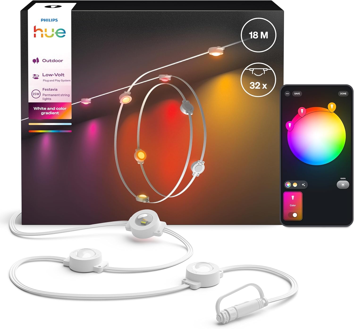 Philips Hue Festavia Guirnalda de Luces Permanente, 18 m, Atenuable, Resistente a la Intemperie, Resistente al Agua, Fácil Instalación, Luz Blanca y de Colores, Cable Blanco