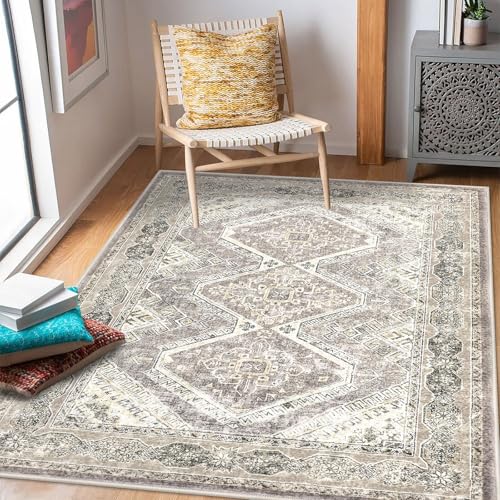 KUTA Area Rug 4x6 Living Room, Washable Rugs Oriental Distressed Tribal Ivory Grey Yellow, Non-Slip Dining Room Carpet, Soft Low Pile Cozy Printed Medallion Throw for Bedroom Kitchen