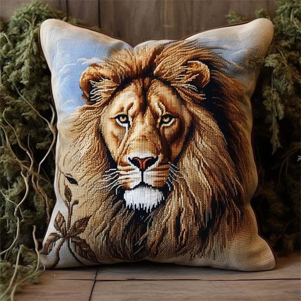 Lion Latch Hook Pillow Kit - 17x17 Inch DIY Craft Kit With Pre-Printed Canvas & Yarn