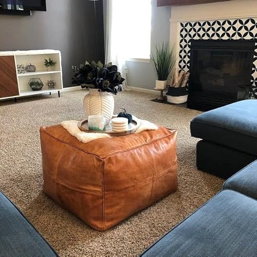 Ottomanmarrakech Unstuffed Square Leather Pouf | Genuine Goat Skin Handmade Ottoman Pouf | Moroccan Decor Footrest & Living Room Decor | 40X40X18 Inches #TOP3