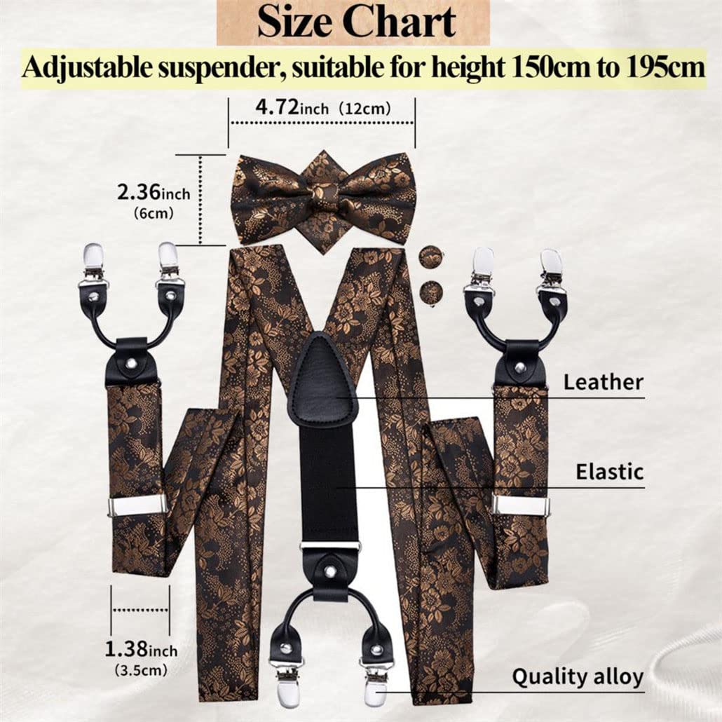 keusyoi Herren-Hosenträger-Set aus Seide, goldfarben, Jacquard, 6 Clips, Hosenträger für Herren, Fliege, Einstecktuch, Manschettenknöpfe, schwarzes Leder