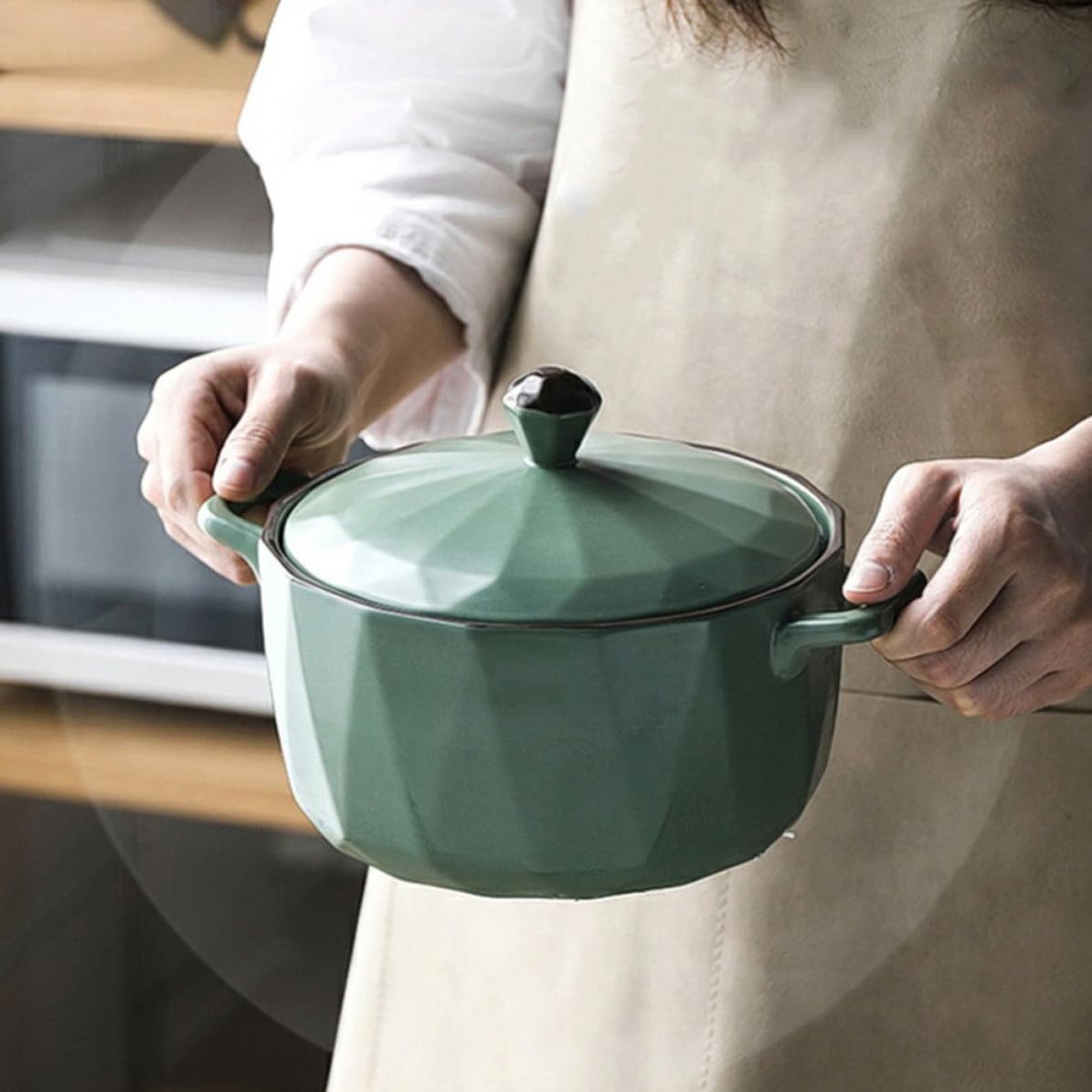 Keramikschüssel mit Doppelgriff 1 Stück 7,5 Zoll Suppenschüssel aus Grünem Keramik für Instant Nudeln und Reis Leicht zu Reinigen Modernes Küchenzubehör