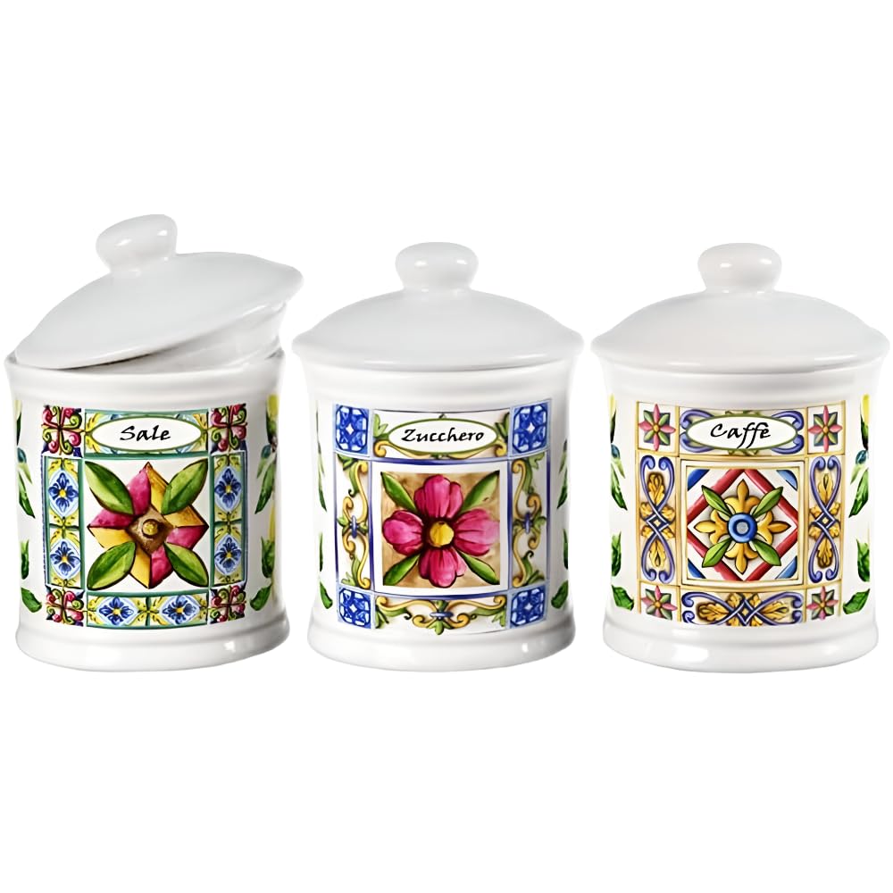Baroni Home Barattolo Sale Decorato in Ceramica con Coperchio Ermetico, Accessorio da Cucina Colorato Resistente, Linea Capri, 11x11x17 cm