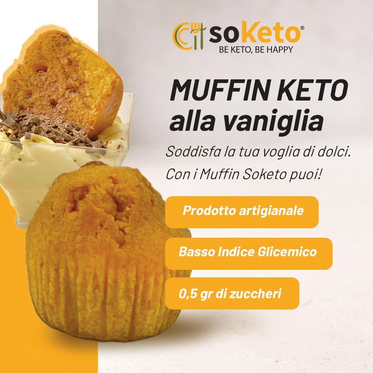 SOKETO Dolce Keto Muffin per Dieta Keto e Pochi carbo Merendina Colazione Spuntino-Dolce per Dieta Keto/Proteica/Low Carb, Anche per diabetici IG<2, Anziani e bambini (6x50g)