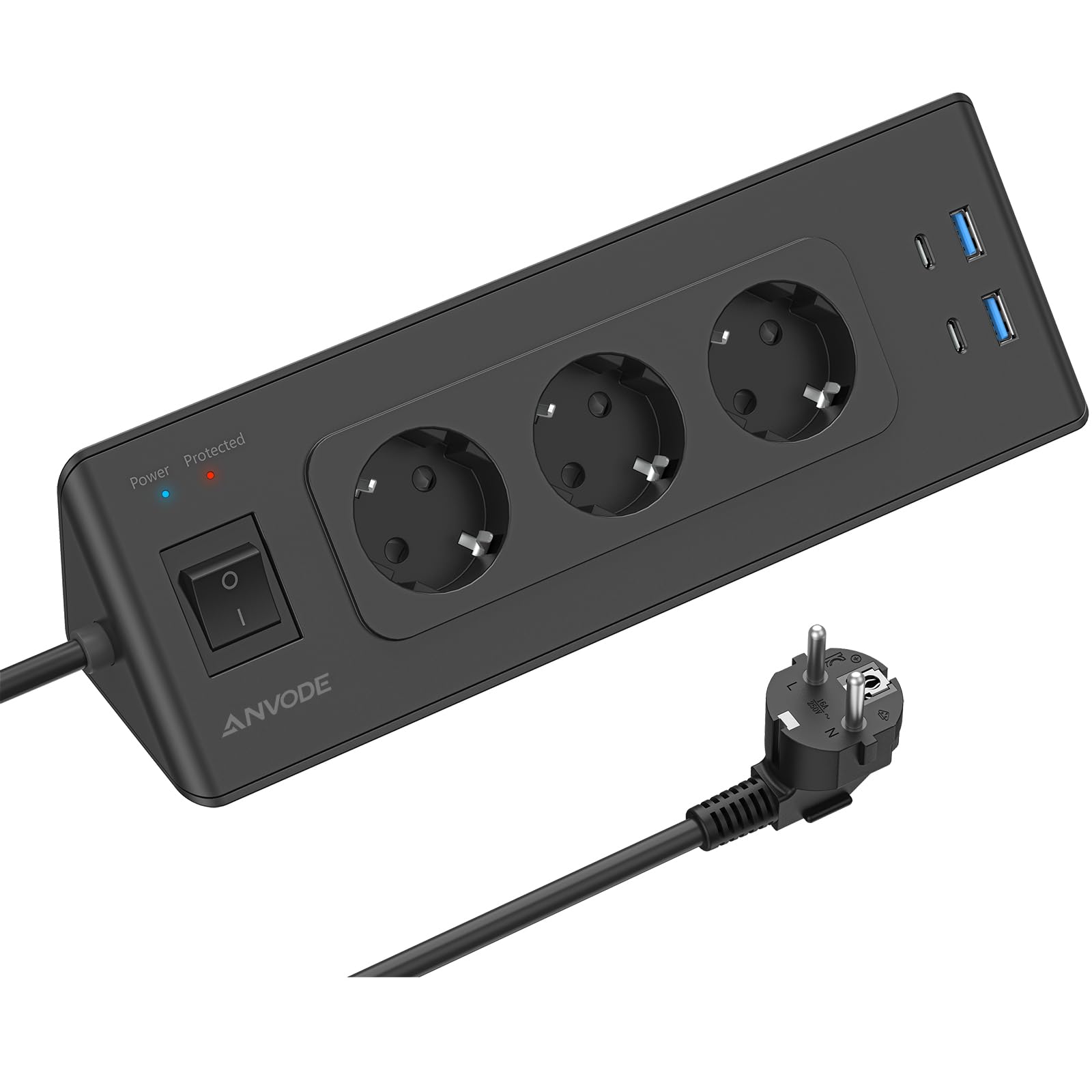 Ecksteckdose mit USB und 2 Type-C, 3 Fach Ecksteckdosenleiste mit Schalter, Steckdosenleiste Mehrfachsteckdose Überlastschutz für Küche, 2M Kabel