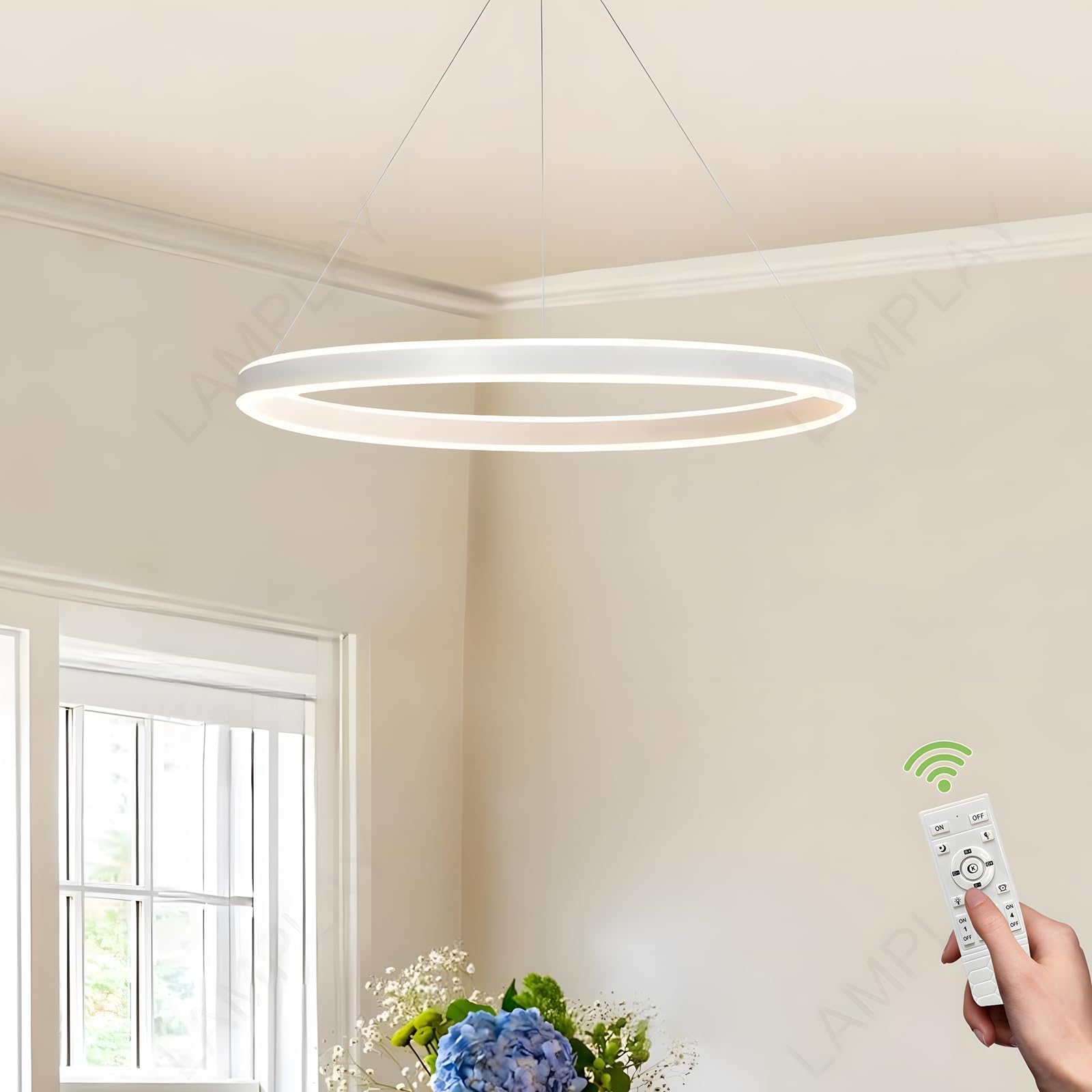 Lamplay White Round Led Modern Pendant Light, 1 Ring Chandelier, Dimmable With Remote Control 3000K-6000K Ceiling Light, Height Adjustable, Foyer Living Room Bedroom Dining Kitchen Island (Ø60cm)
