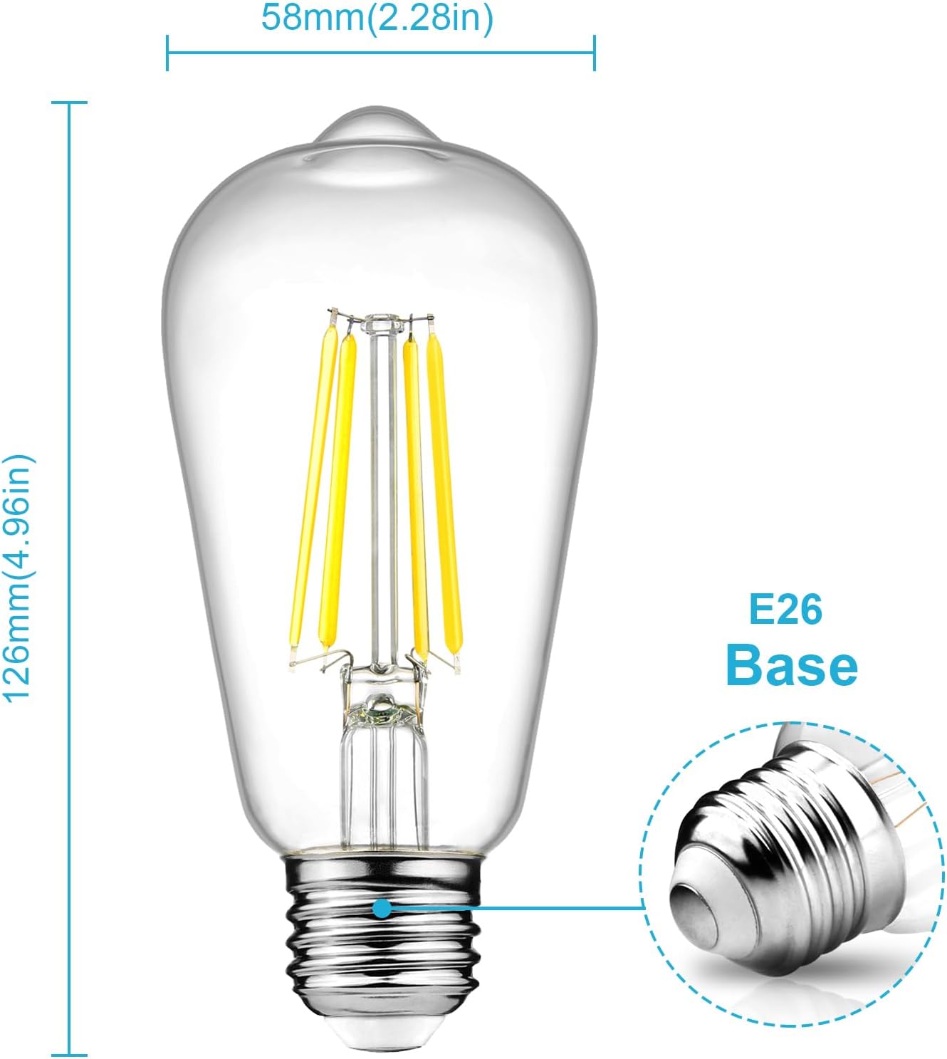 Ascher Dimmable Vintage LED Edison Bulbs, 6W, Equivalent 60W, Bright Cool White 4000K, 80+ CRI, ST58 Antique LED Filament Bulbs, E26 Medium Base, Clear Glass, Pack of 4