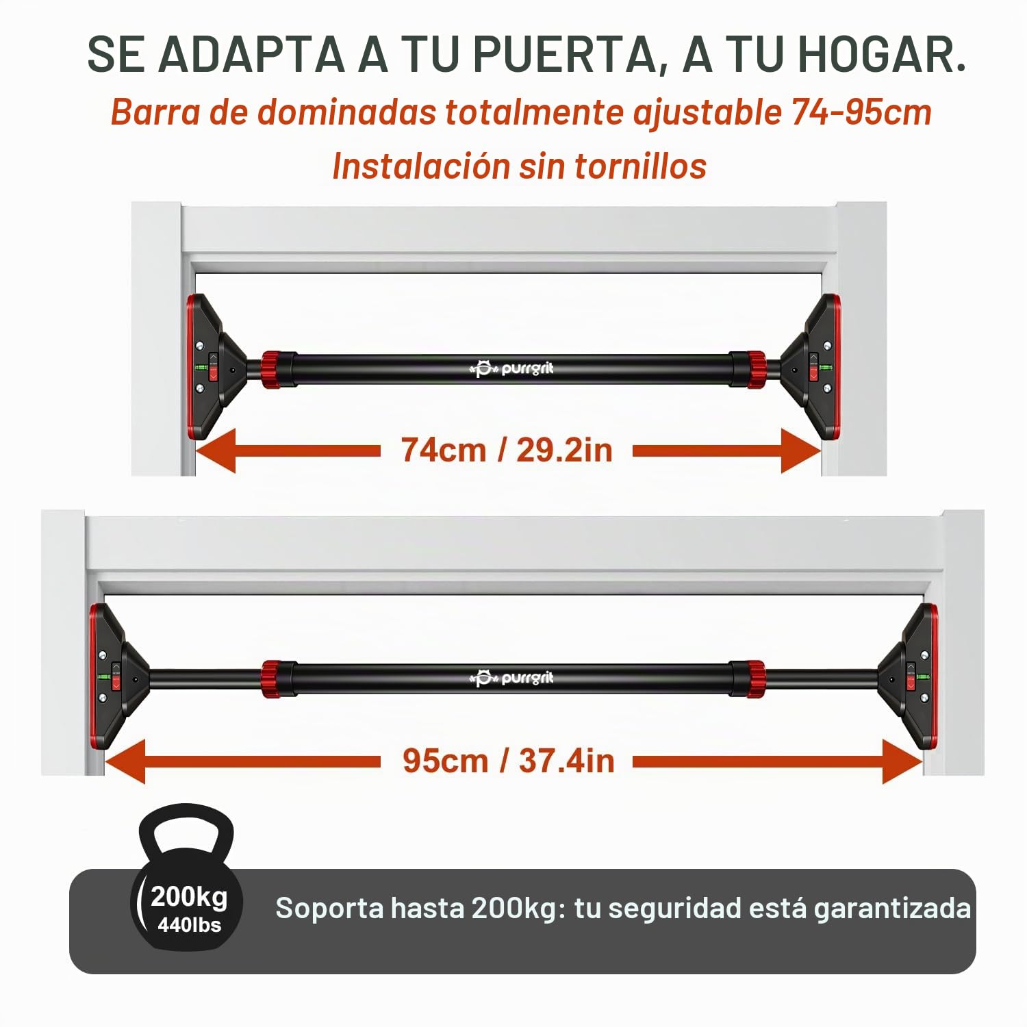 Barra de Dominadas para Puerta Sin Tornillos, Ajustable 74-95cm, 200kg Carga, Bloqueo 360° y 2 Almohadillas EXTRA, Para Entrenamiento en Casa y Fitness