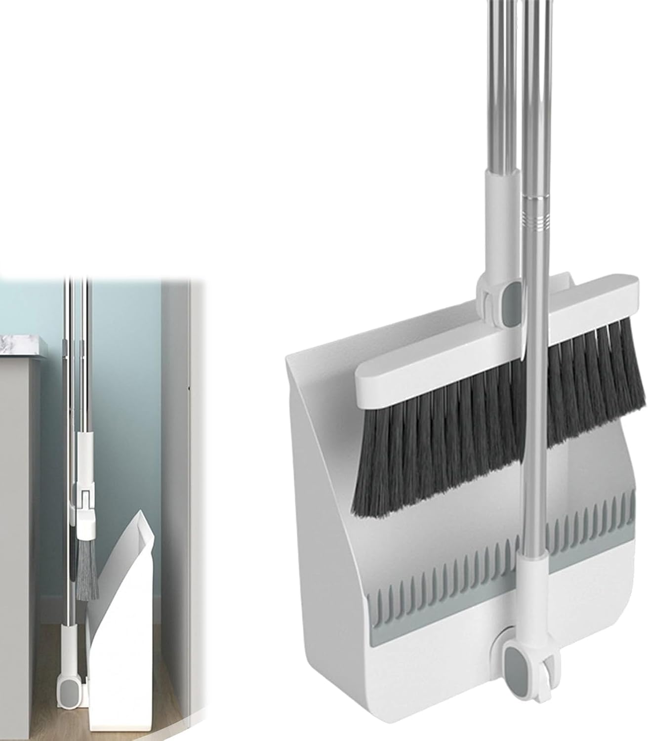3-in-1 Broom and Dustpan Set, Long Handle Sweeping Combo with Self-Cleaning Teeth for Kitchen, Pet Hair, and Hard Floor Cleaning, Cleaning Tool Kit with Upright Stand for Home, Office, School (Gray)