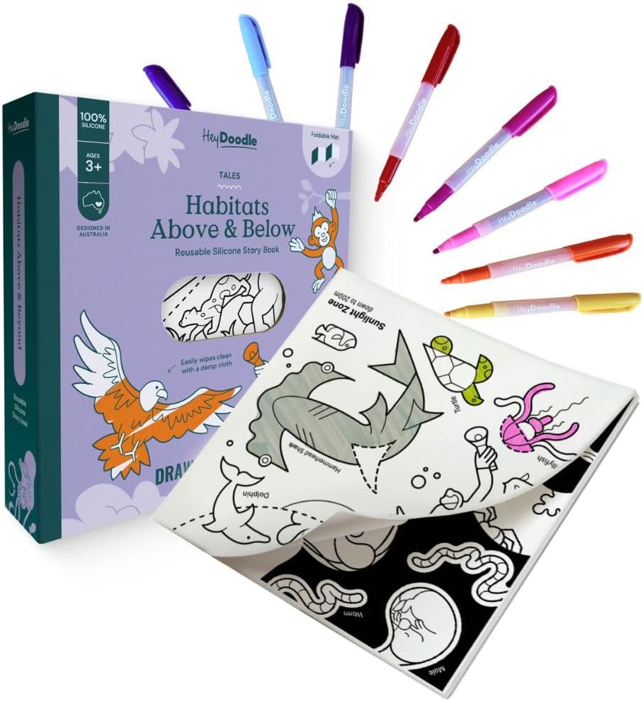 HeyDoodle Tales Foldout Book - Reusable Silicone Coloring Books for Kids Ages 3-7 with Flip Pages & Educational Themes - Coloring Kit Includes 12 Markers & Keepsake Box