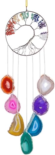 Rockcloud 7 Chakra Árbol de la vida para colgar en la pared, campanillas de viento con rodajas de ágata colgantes adorno para colgar en ventanas,