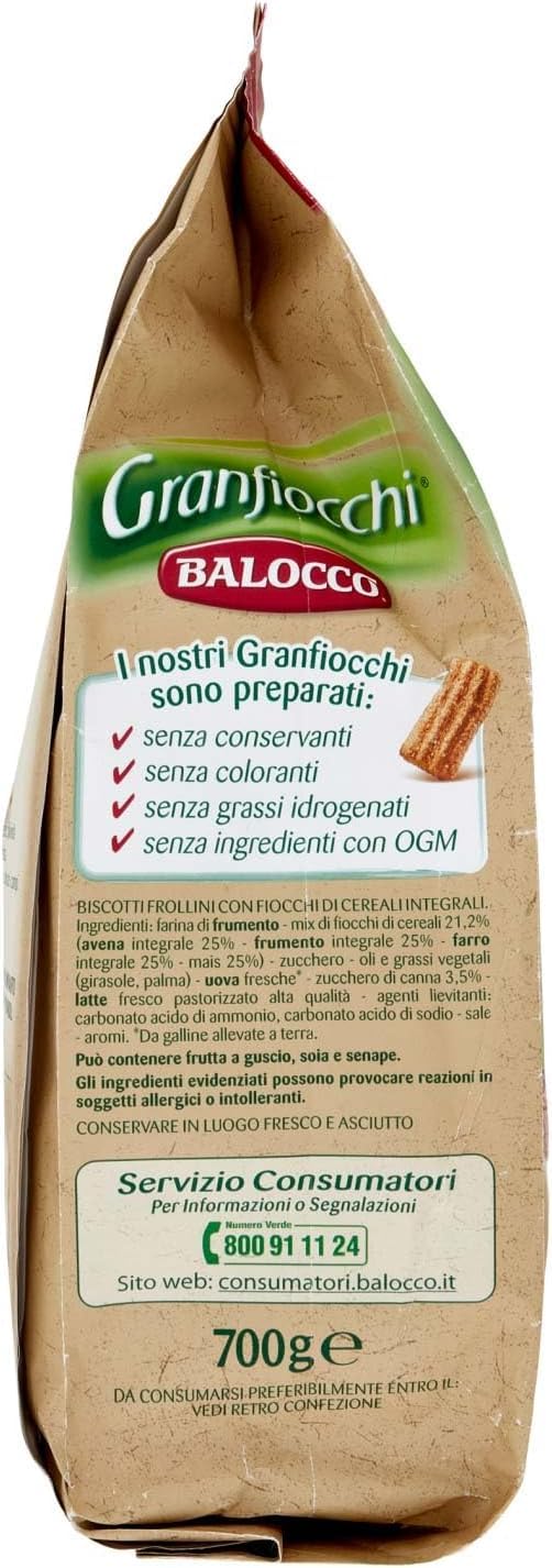 Balocco Granfiocchi Biscotti Integrali - Galletas integrales con cereales integrales y granos de azúcar moreno (3 x 700 g, 400 g)