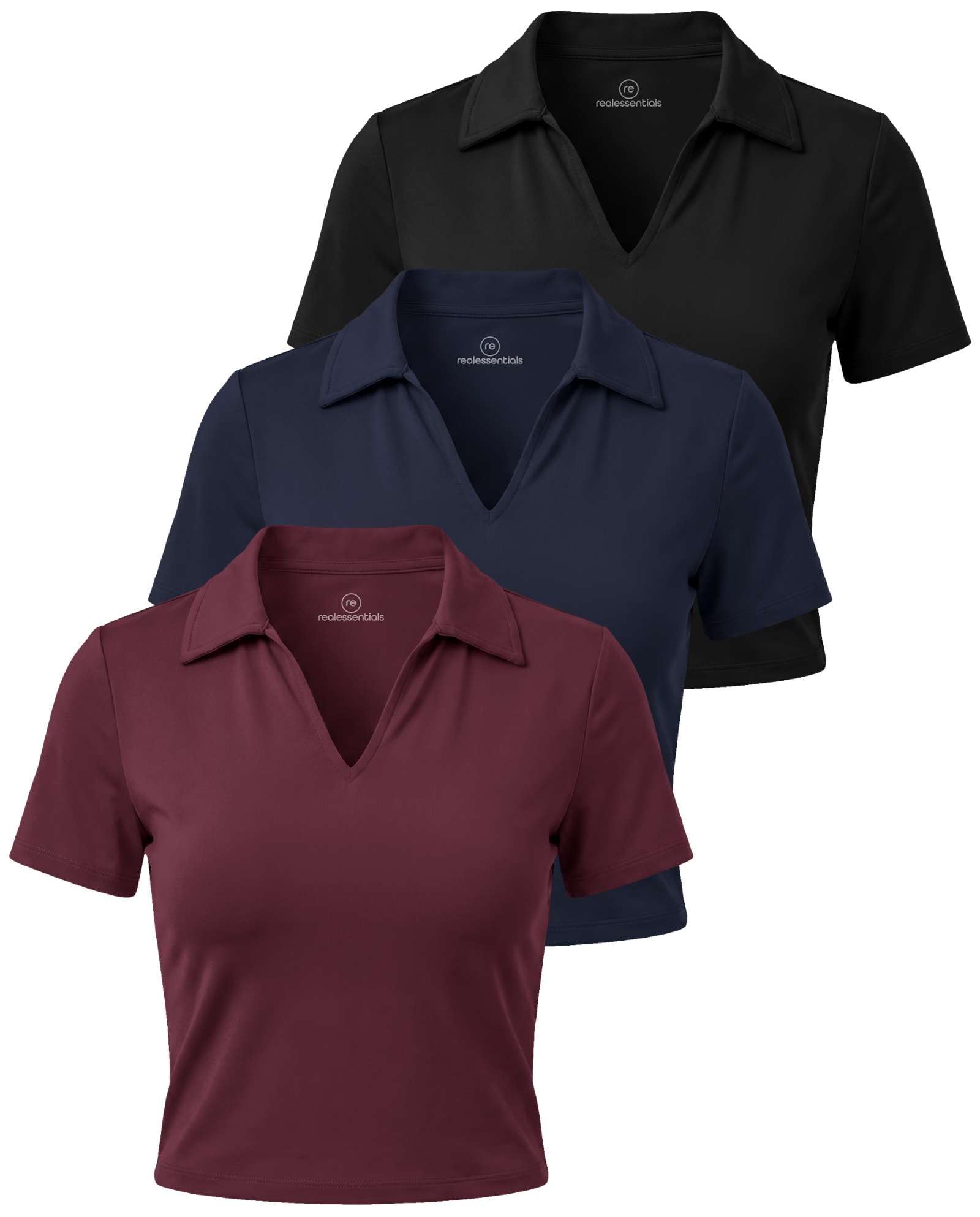 Photo 1 of Real Essentials 3 Pack: Women's V Neck Crop Polo Shirts - Short Sleeve Sweater Dry Fit Golf Athletic Workout Collared Tops- Set 3, L