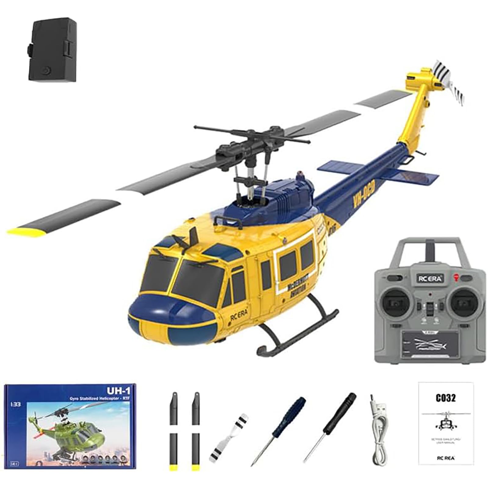 Śmigłowiec RC C032 UH-1 - zdalnie sterowany helikopter RTF ze stabilizacją żyroskopową 2.4G 6CH i skalą 1/48 dla dorosłych,Yellow,1 Battery
