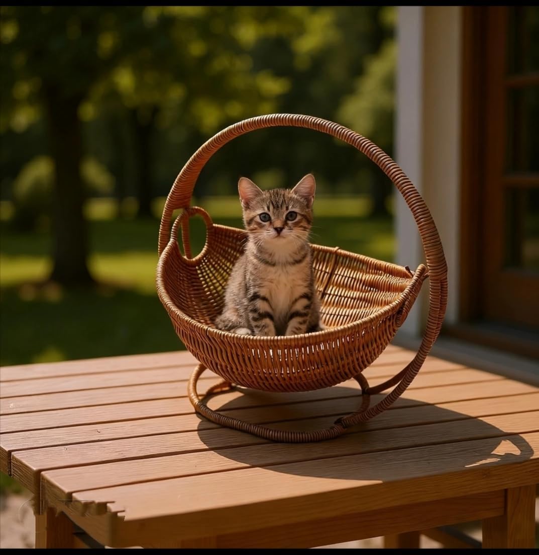 Cat Cradle Hammock Rattan Styles Cute Creative Hanging Kit with Stand Cups, Indoor Outdoor Hanging Swing Bed for Cats, Small Dogs & Small Animals, Ideal for Sleeping, Playing & Lounging​ (Small)