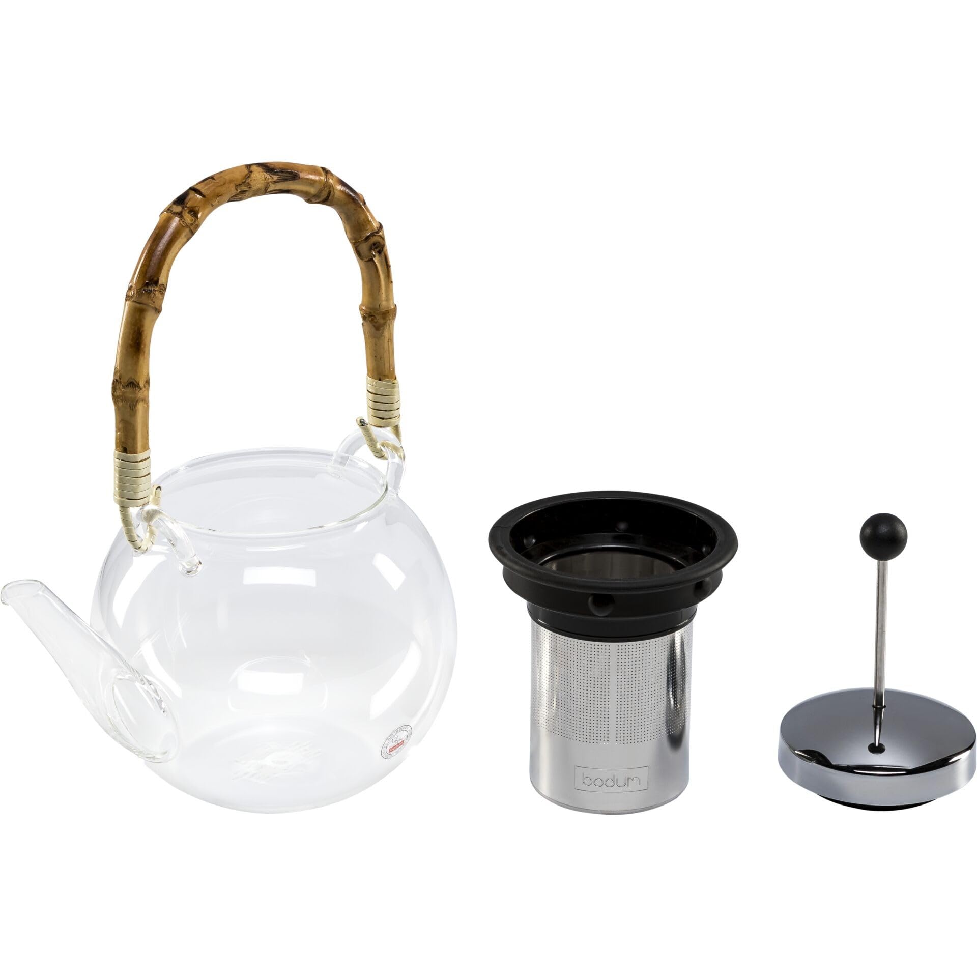 Bodum Teiera a Pressione in Borosilicato Assam, Filtro in Acciaio Inox con Coperchio in Silicone e Manico in Bambu', Lt 1