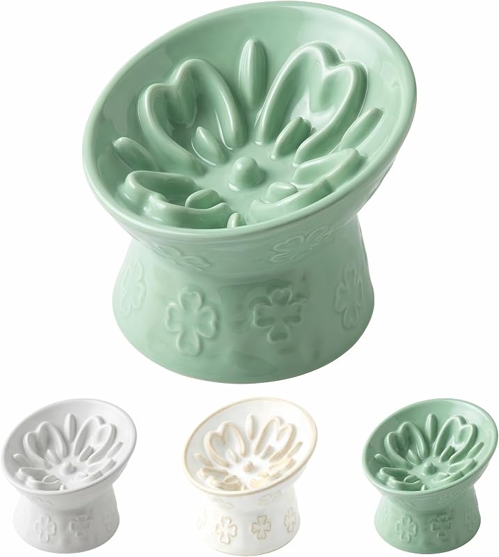 Comedouro Lento de Cerâmica para Gatos TRUVIC, Elevado e Inclinado a 15°, Verde