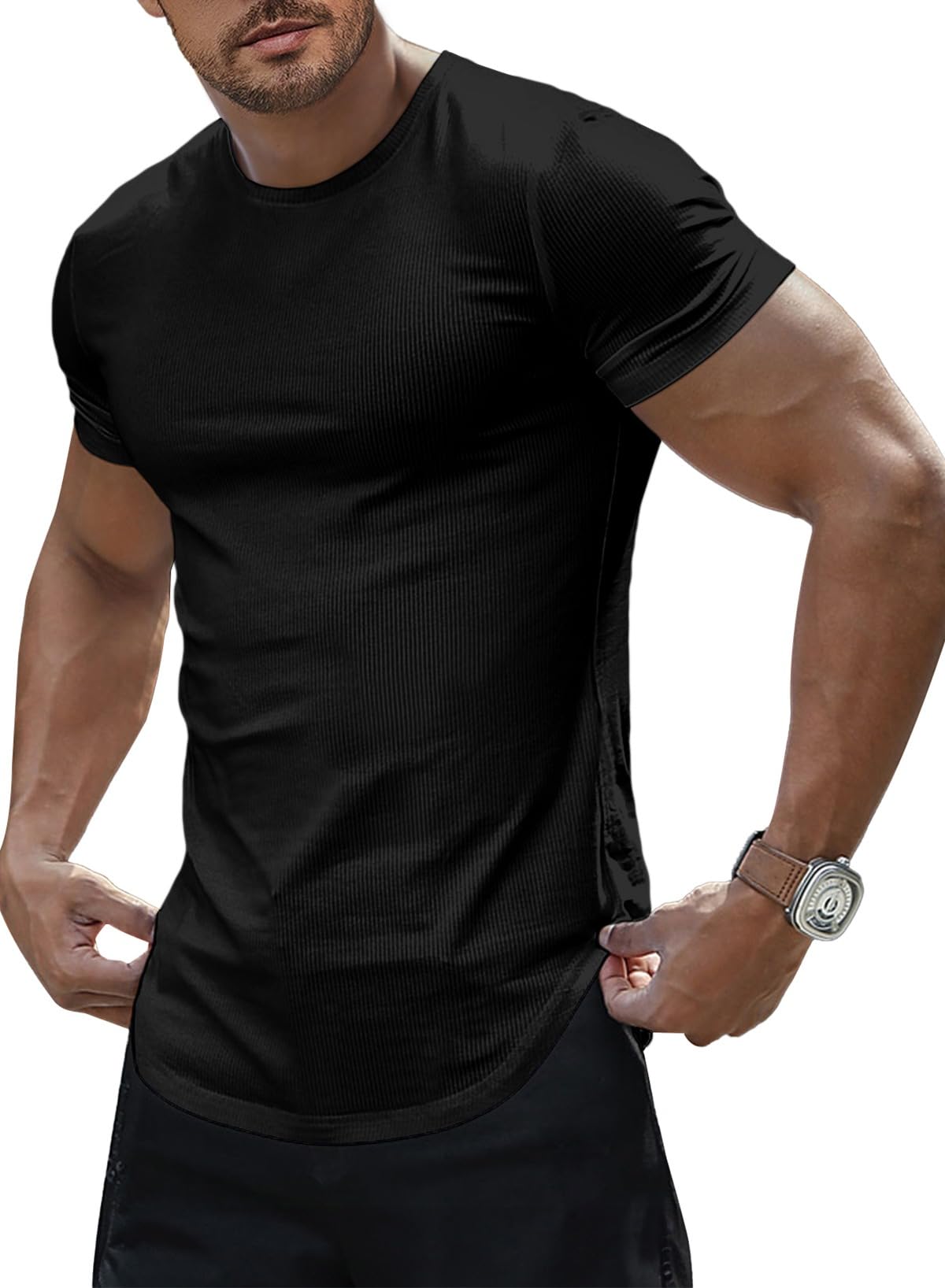 Mens Slim Fit Muscle Stretch Crewneck T-Shirt Summer Athlelic Shirts Longline Short Sleeve Tees Shirts