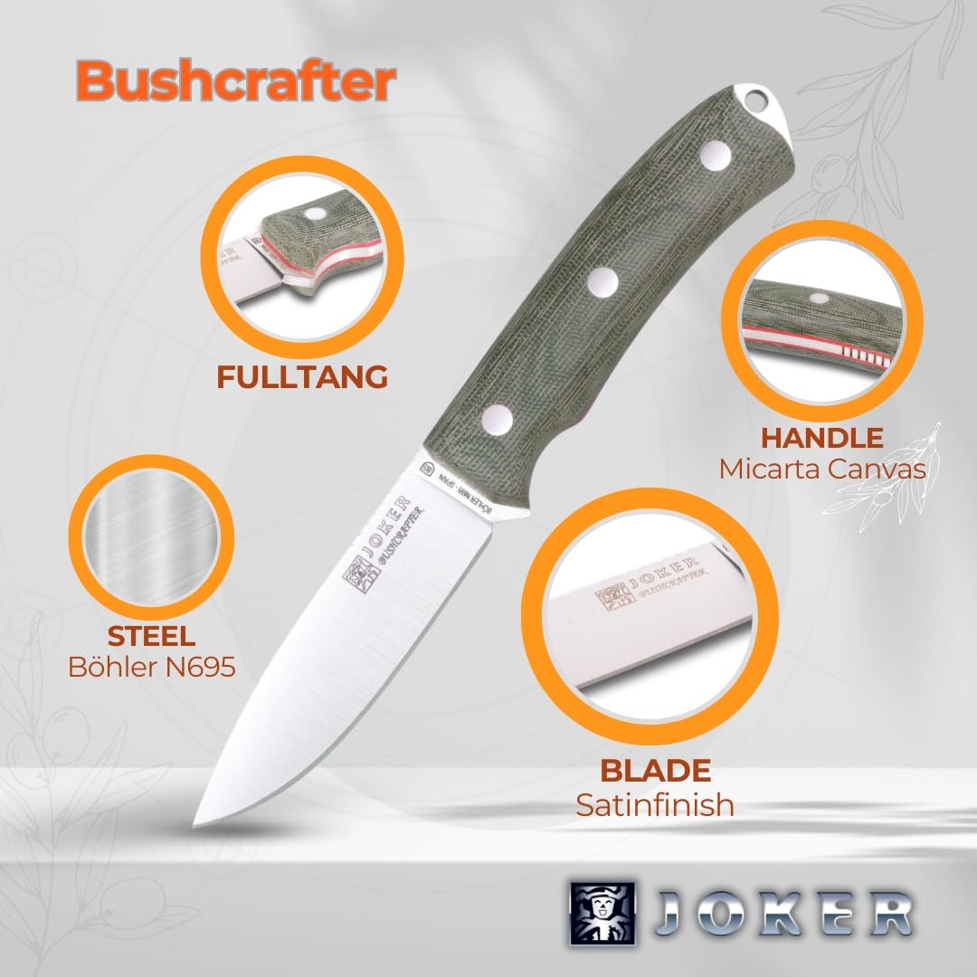 Joker Bushcraft-Messer Bushcrafter CV120, Micarta-Griff, 10,5 cm Klinge aus Böhler N695 Stahl, mit schwarzer Lederscheide und Parakord 550, Werkzeug zum Fischen, Jagen, Camping und Wandern
