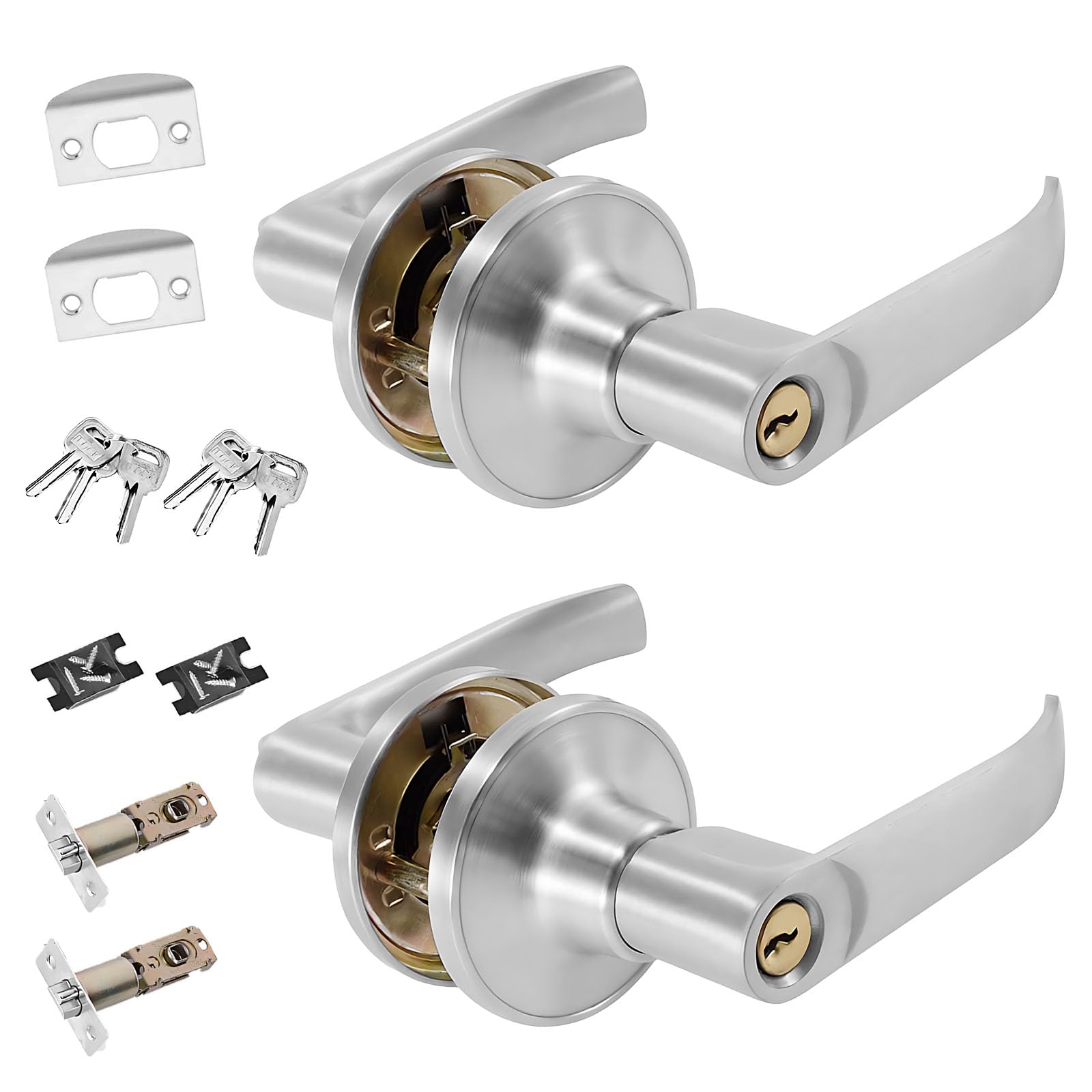Hocklliy 2 Set Door Lock with Key, Door Handle Lock with Adjustable Latch and Privacy Locks for Bedroom, Bathroom, Kitchen, Office Internal (Silver)