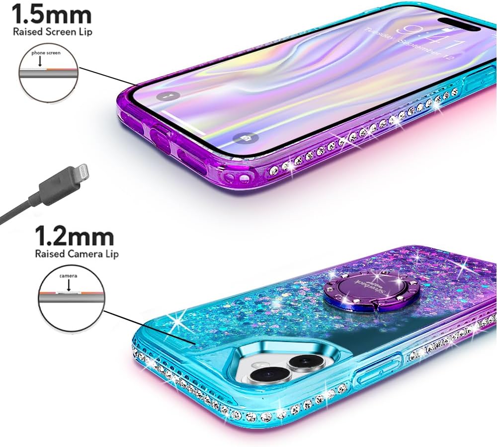 Silverback for iPhone 17 Case, Moving Liquid Holographic Sparkle Glitter Case with Kickstand, Girls Women Bling Diamond Ring Protective Case for iPhone 17 - Purple - Image 6