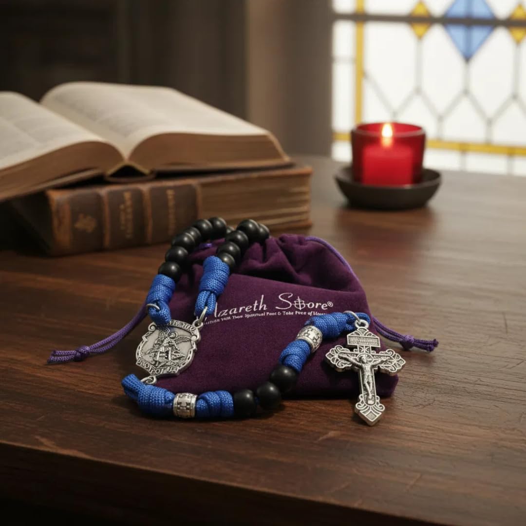 Nazareth Store Collana con rosario in paracord, perline in metallo resistente da 10 mm, rosario cattolico del Padre Nostro con crocifisso del perdono