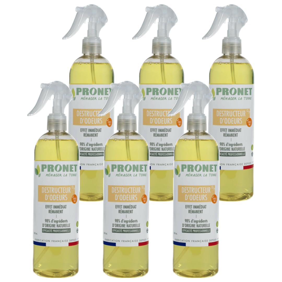 PRONET NATURE - Destructeur d'odeurs - Elimine les mauvaises odeurs - Efficace sur textiles, tissus d’ameublement - Sans trace ni résidus - 98% ingrédients naturels - Fleur de Tiaré - Lot de 6x500ml