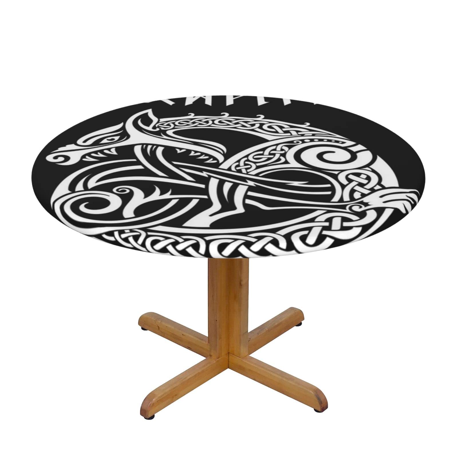 Lsjuee Round Fitted Tablecloth 45-50in Elastic Edged Table Cloth for Kitchen Dining Party Home Decor - Viking Symbol Beast Black