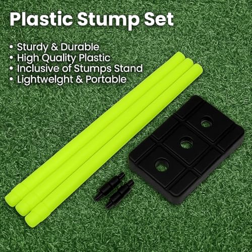 Image of Jaspo Cricket Wicket Set - 30 Inch Neon Colour Plastic Stumps with Stand & Bails | Durable Cricket Wickets for Ground, Match, Tournament, Practice | Standard Size Cricket Kit for All Ages