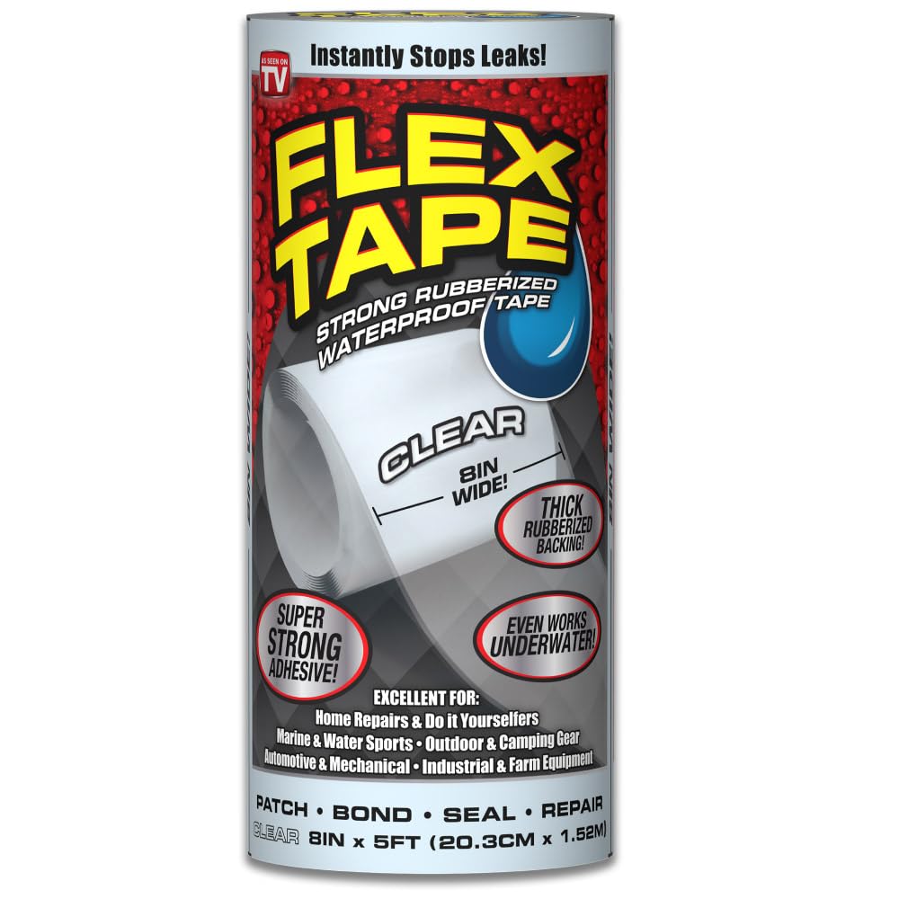 Rubberized Waterproof Tape, 8" X 5', Clear, 2.6 Lb