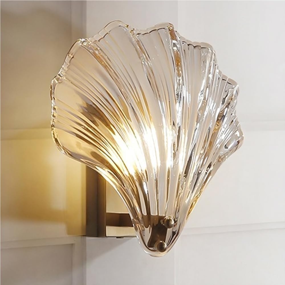 Applique da Parete in Stile Mid-Century Modern con Paralume in Vetro a Conchiglia, in Ottone Spazzolato, con Cablaggio Fisso, Vintage, per Soggiorno, Ingresso, Isola della Cucina, Fattoria, Sala