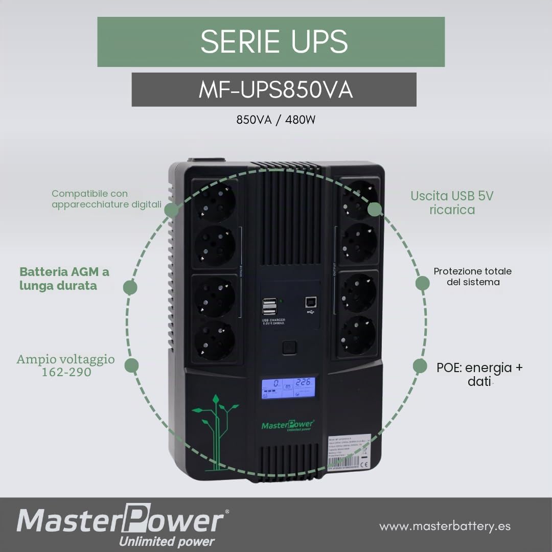 Master U-Power UPS 850VA (480W) Offline – Gruppo di Continuità con Display LCD, 8 Prese Schuko, USB e RJ45 – Protezione Elettrica per PC e Rete