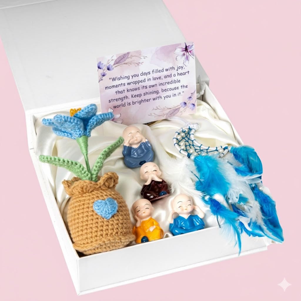 Rarejoy Gift for Women | Valentine Gift for Girlfriend | Birthday Present for Wife | Handcrafted Crochet Lily Flower, Moon Dreamcatcher, Monks & Greeting | Anniversary, Rakshabandhan, Gift for her