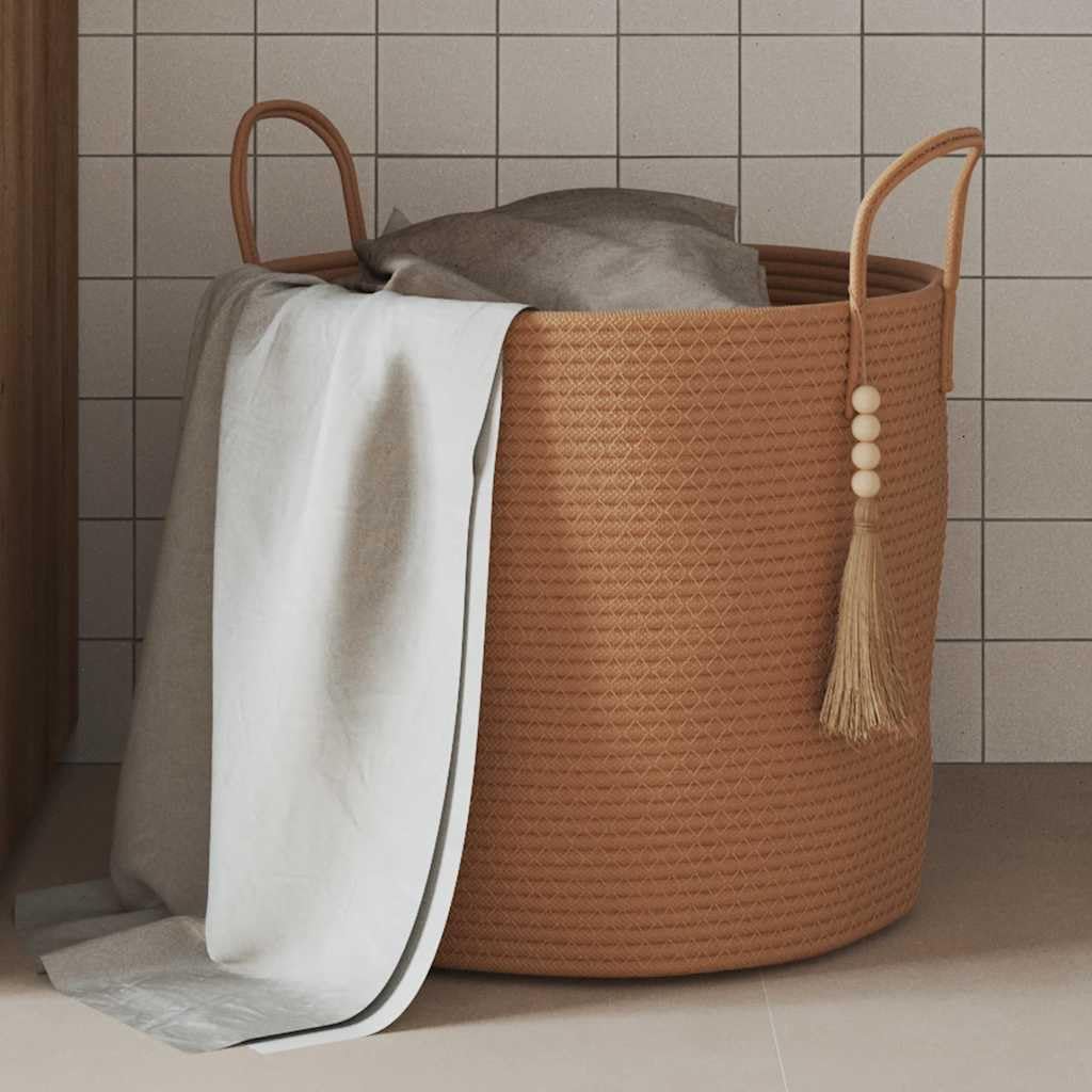 Brauner Aufbewahrungskorb aus Baumwolle Ø40x35 cm mit Griffen faltbar und geflochten, vielseitiger Organizer für Spielzeug, Wäsche, Handtücher und Deko im Wohnzimmer Schlafzimmer Bad