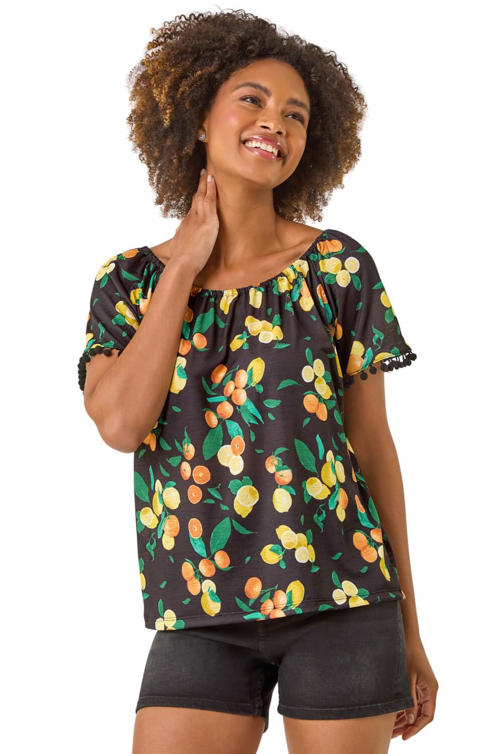 Roman Women's Black Citrus Pom Pom Trim Bardot Top In Size 10