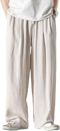 Mens Linen Drawstring Pants Elastic Waist Trouser Casual Lightweight Yoga Summer Beach Pant